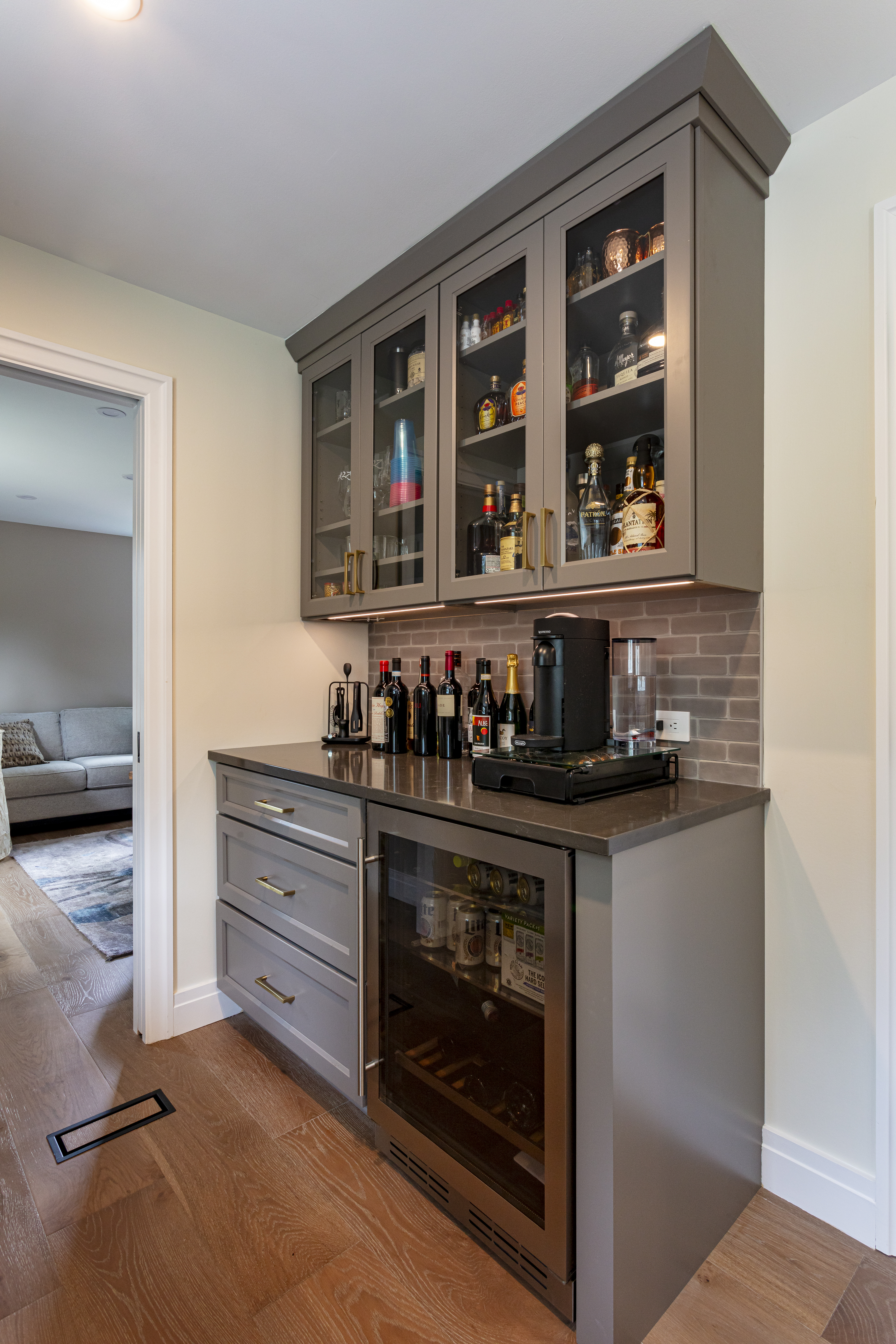 Wet bar with glass cabinetry